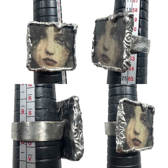 Handcrafted Artisan Silver & Glass Statement Ring Abstract Woman Portrait Design - Picture 3 of 17
